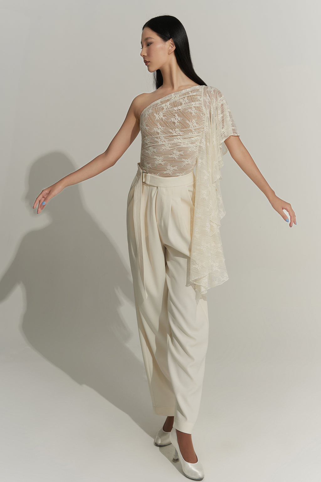 DANCE QUEEN 703-8 Cream Lace Sloping Shoulder Summer Ballroom Practice Dancing Leotard
