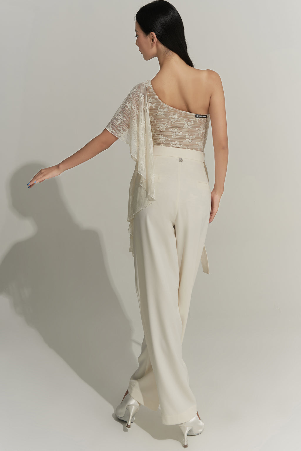 DANCE QUEEN 703-8 Cream Lace Sloping Shoulder Summer Ballroom Practice Dancing Leotard