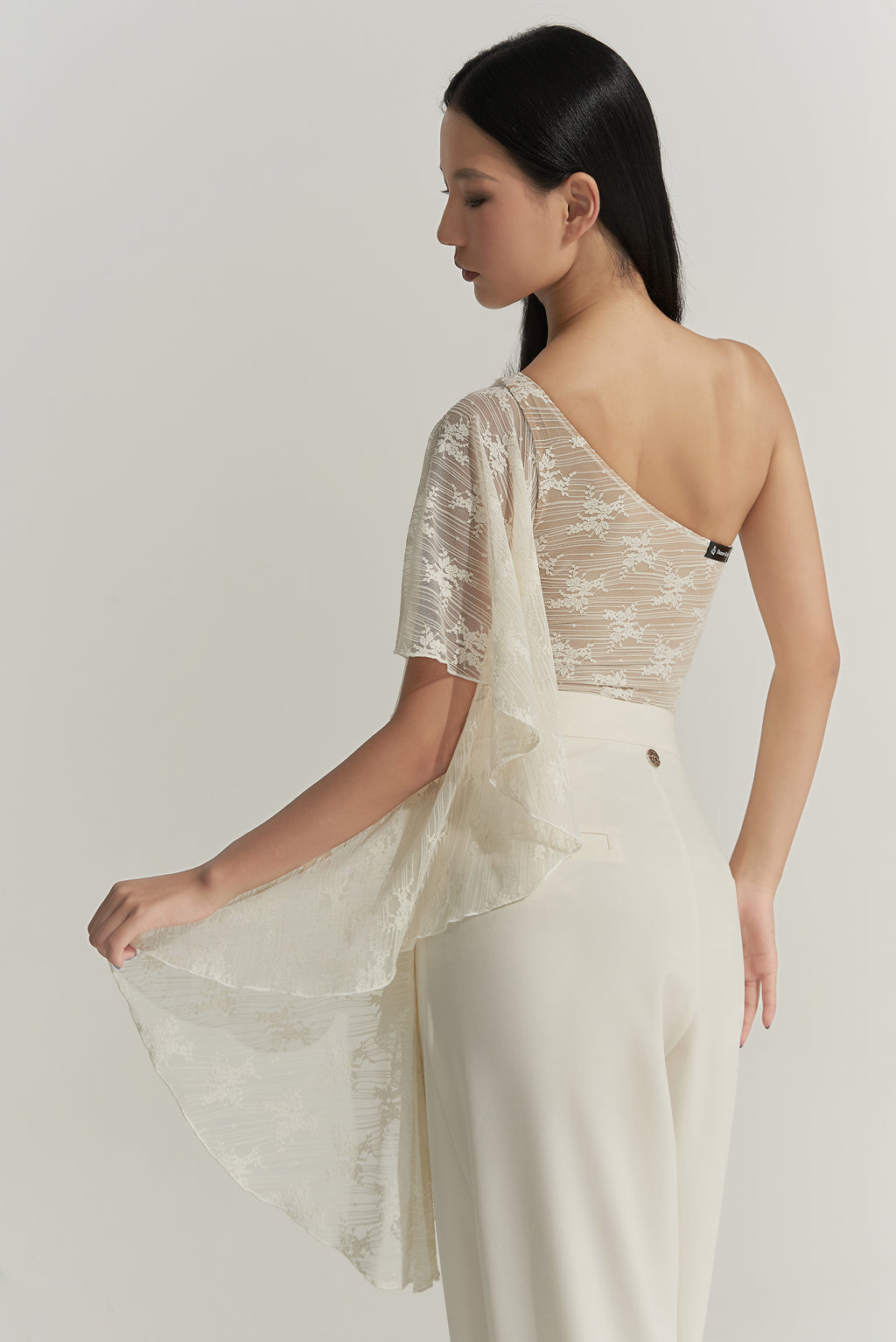 DANCE QUEEN 703-8 Cream Lace Sloping Shoulder Summer Ballroom Practice Dancing Leotard