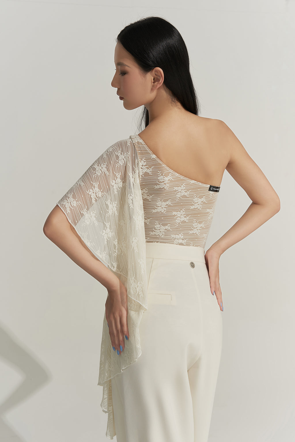 DANCE QUEEN 703-8 Cream Lace Sloping Shoulder Summer Ballroom Practice Dancing Leotard