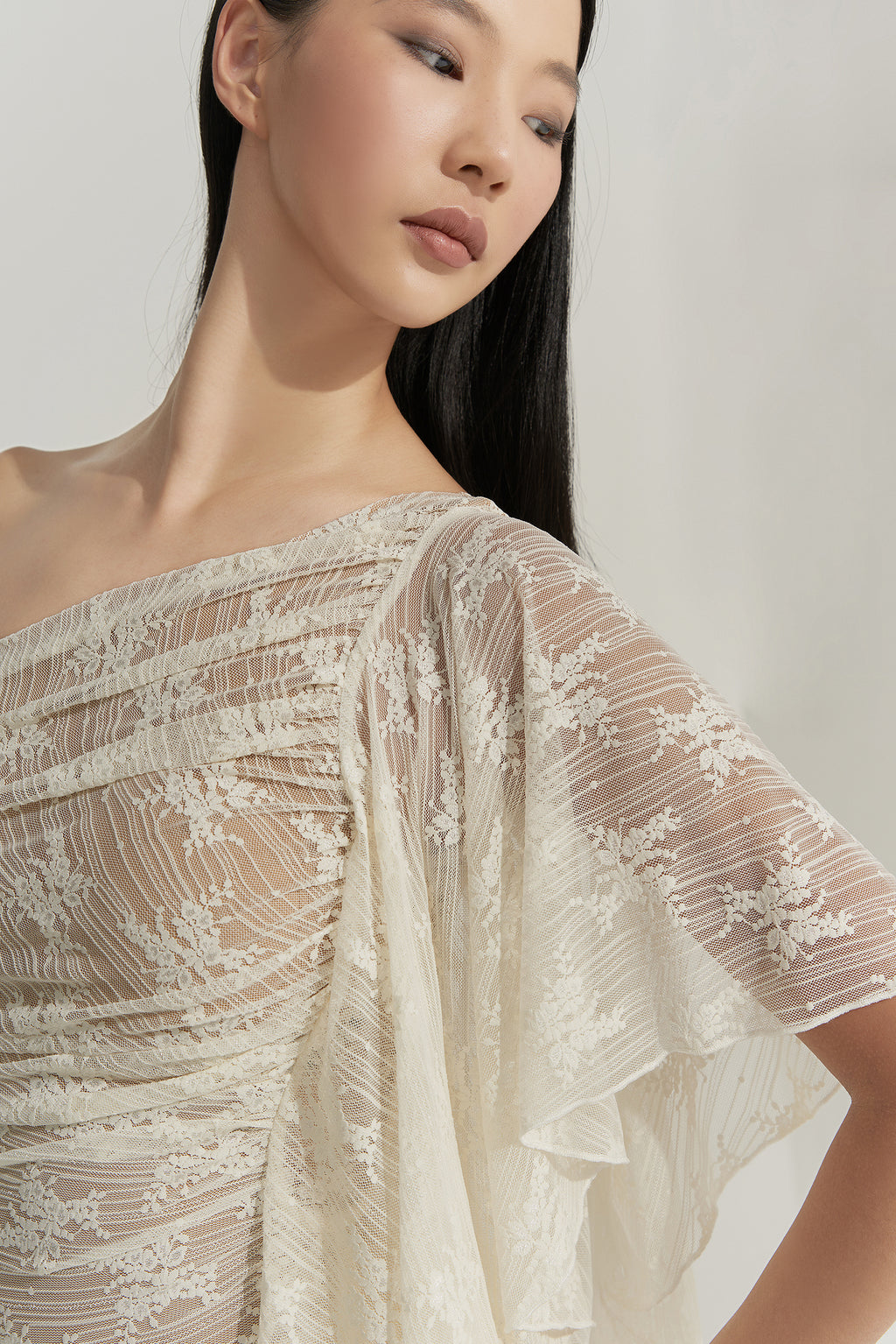 DANCE QUEEN 703-8 Cream Lace Sloping Shoulder Summer Ballroom Practice Dancing Leotard