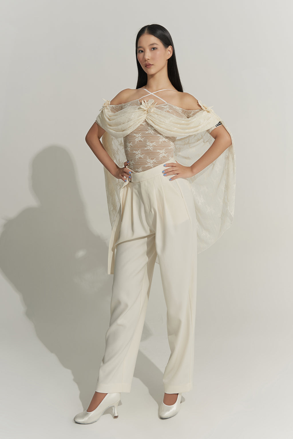 DANCE QUEEN 926-2 Cream Limited Lace Off Shoulder Ballroom Practice Leotard