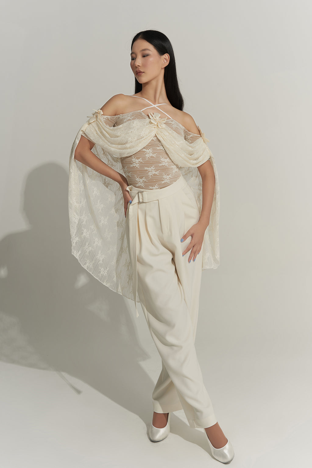DANCE QUEEN 926-2 Cream Limited Lace Off Shoulder Ballroom Practice Leotard