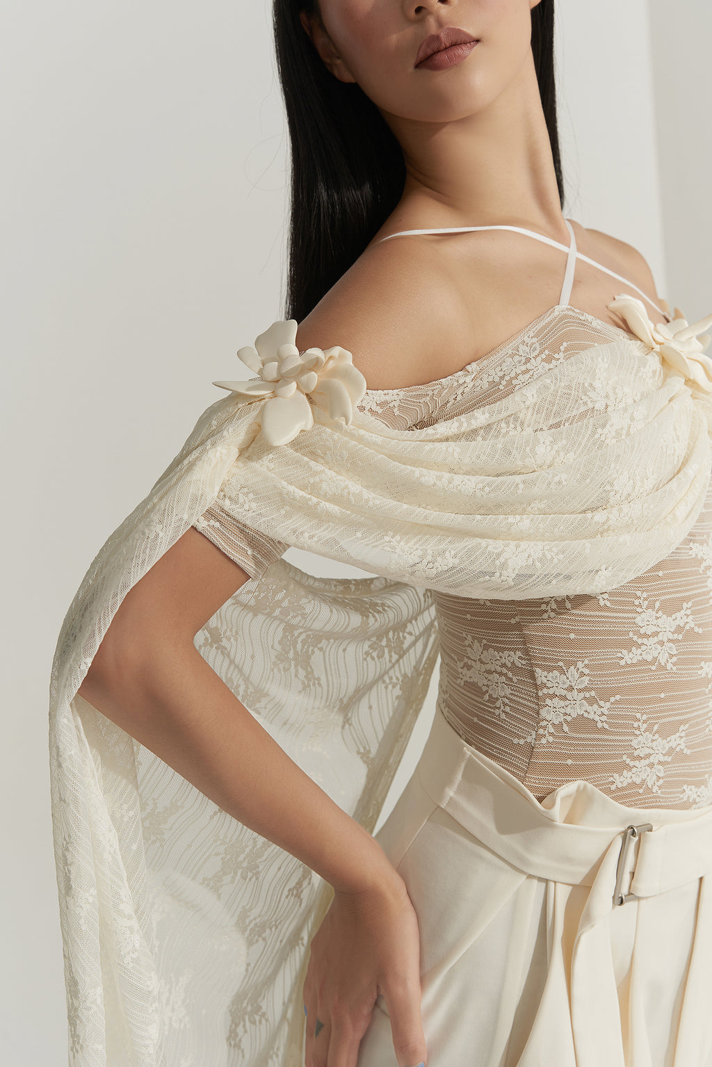 DANCE QUEEN 926-2 Cream Limited Lace Off Shoulder Ballroom Practice Leotard