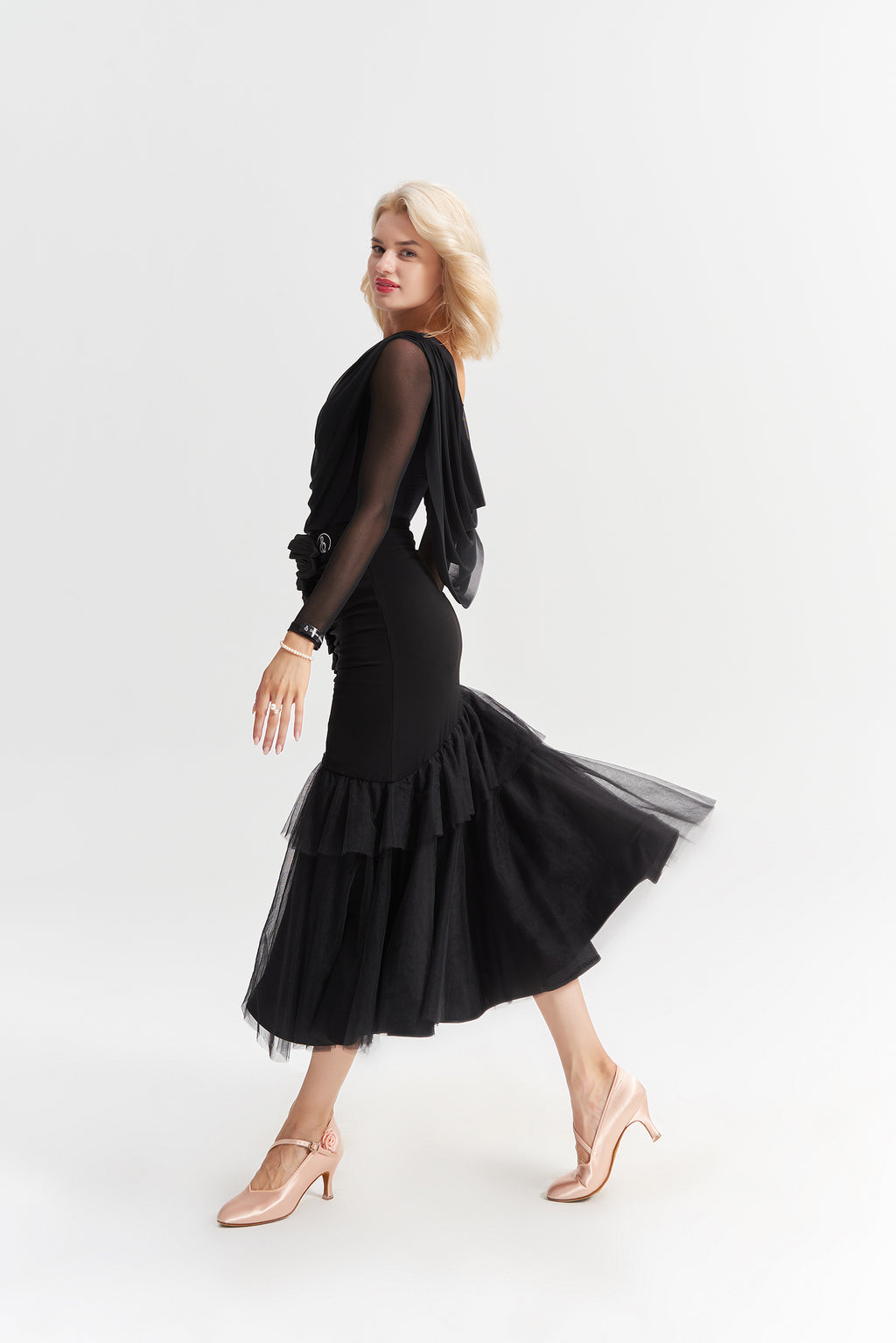DANCE QUEEN 1029 Black Mesh Design Ballroom Dance Sport Skirt