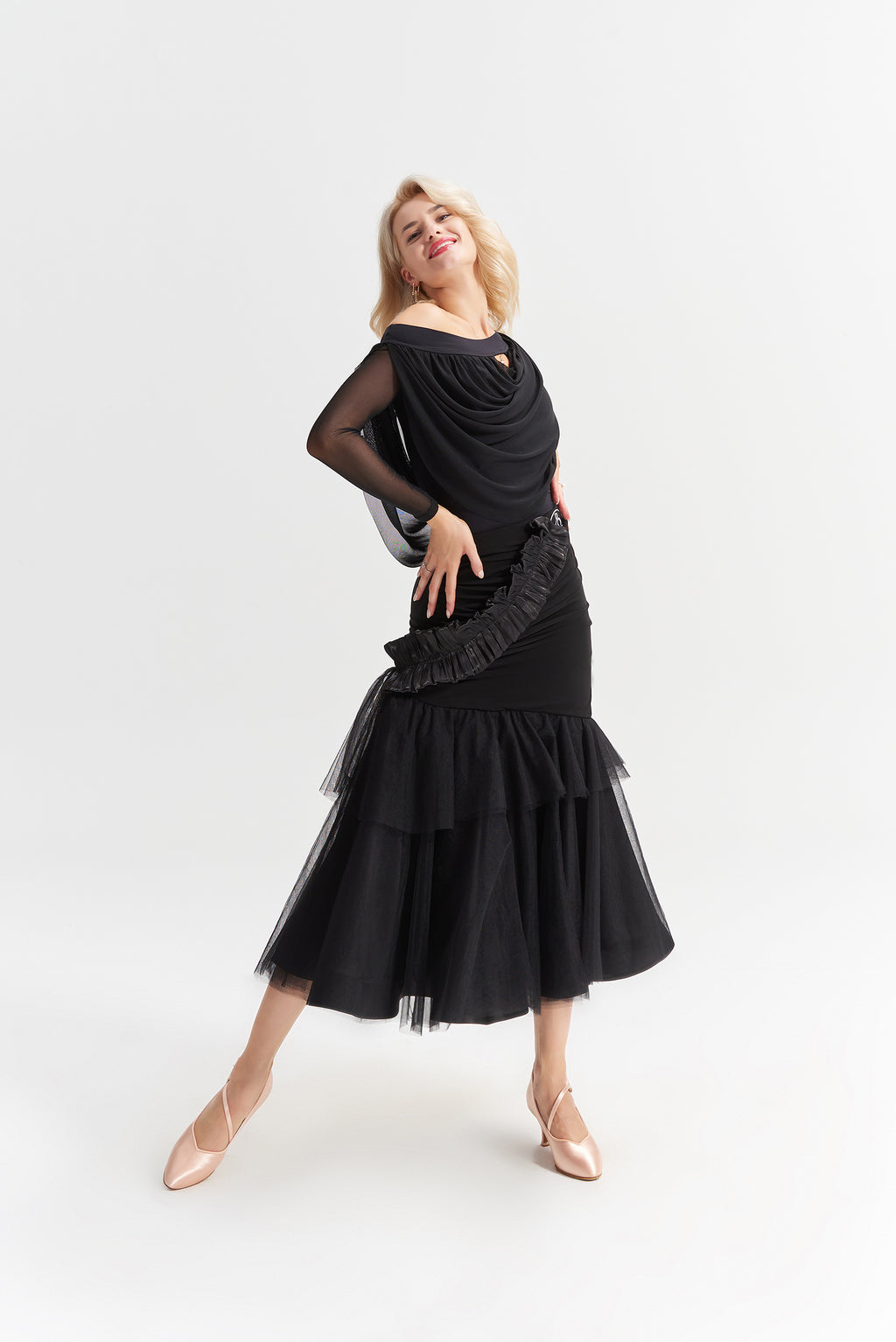 DANCE QUEEN 1029 Black Mesh Design Ballroom Dance Sport Skirt