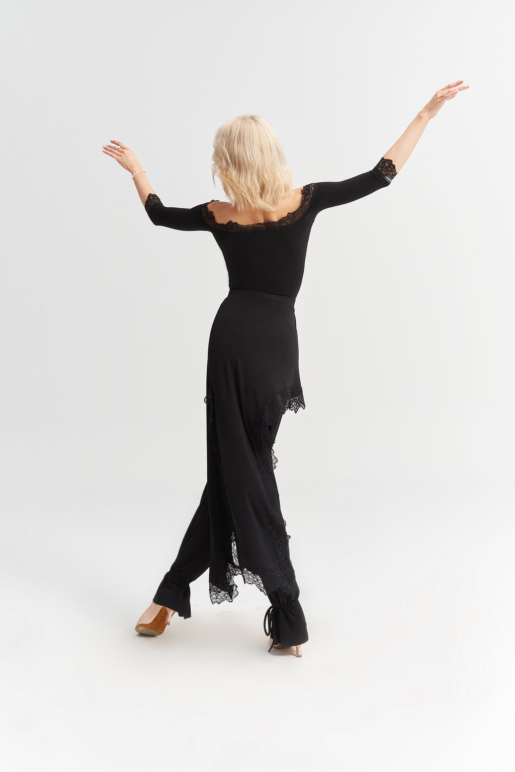 DANCE QUEEN 1023 Black Ankle Strap Lace Ballroom Practice Dancing Trouser