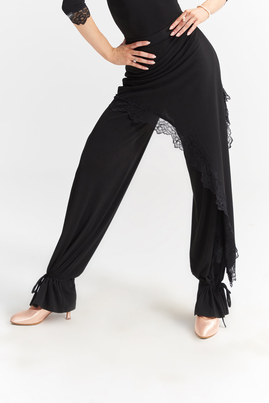 DANCE QUEEN 1023 Black Ankle Strap Lace Ballroom Practice Dancing Trouser