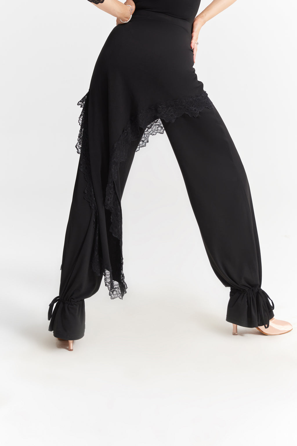DANCE QUEEN 1023 Black Ankle Strap Lace Ballroom Practice Dancing Trouser