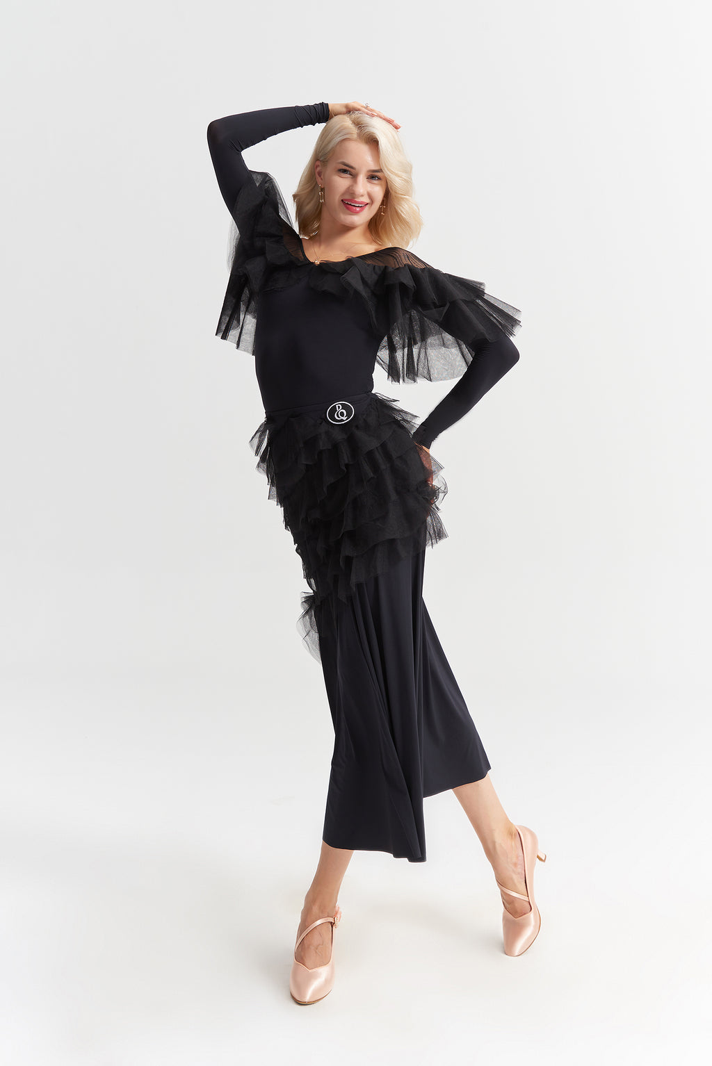 DANCE QUEEN 1007-3 Black Mesh Design Ballroom Dance Sport Skirt