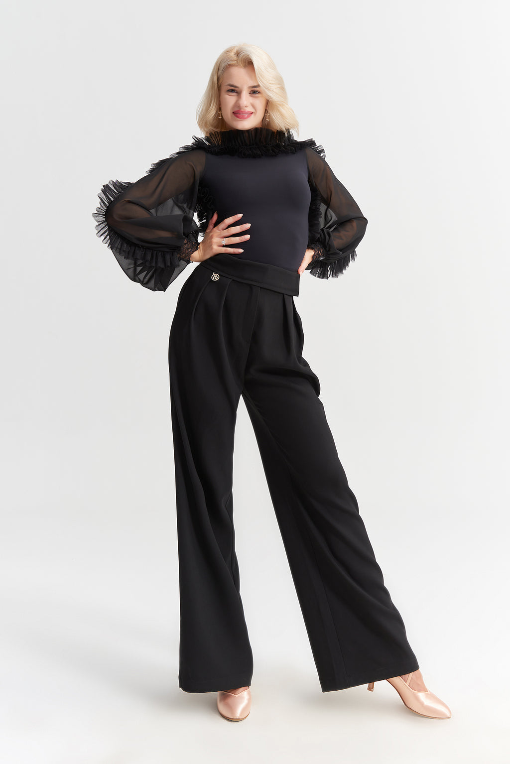 DANCE QUEEN 942-7 Black High Waist Velcro Wide Leg Ballroom Practice Dancing Trouser