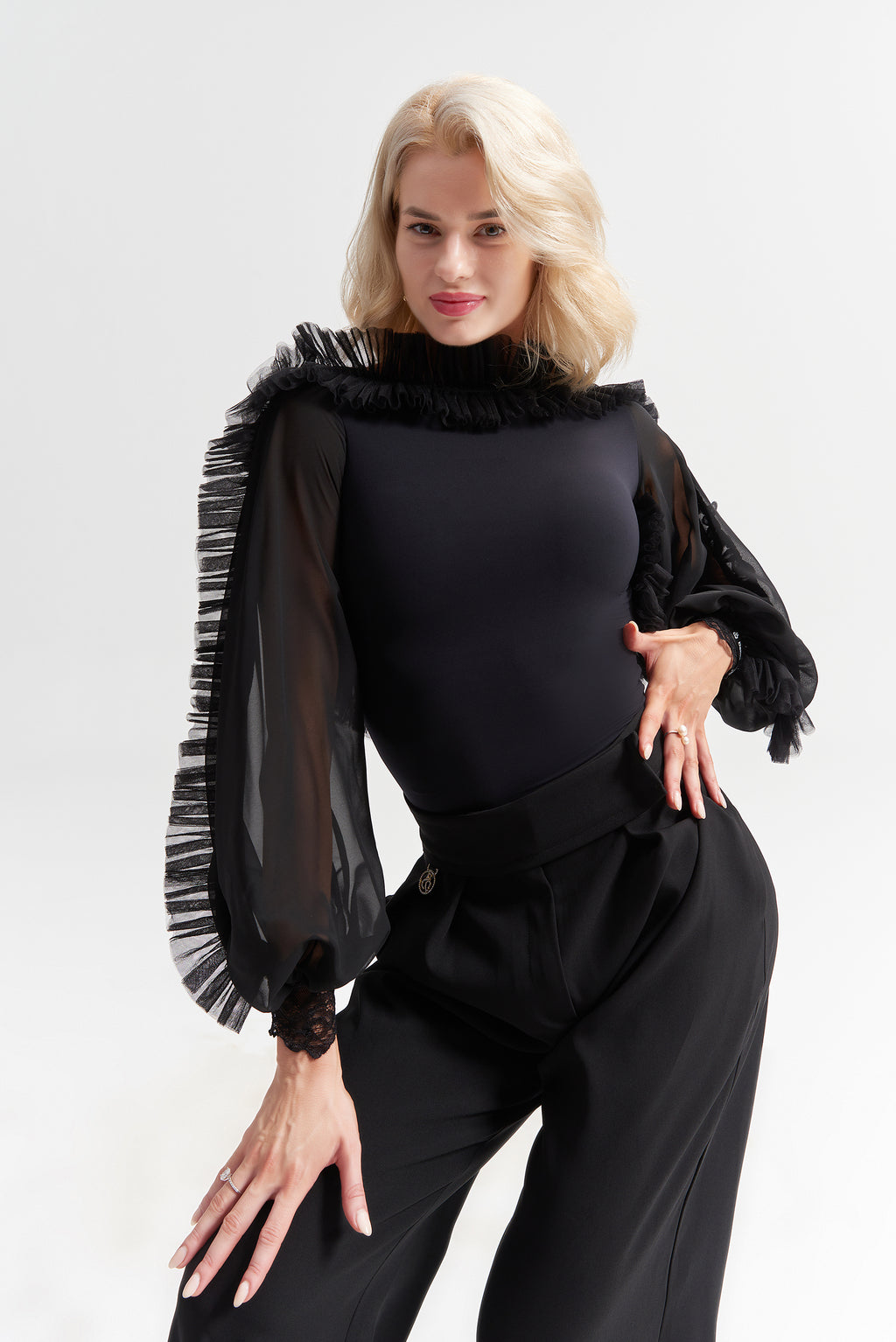 DANCE QUEEN 1020 Black Puff Sleeve Ballroom Practice Dance Sport Leotard