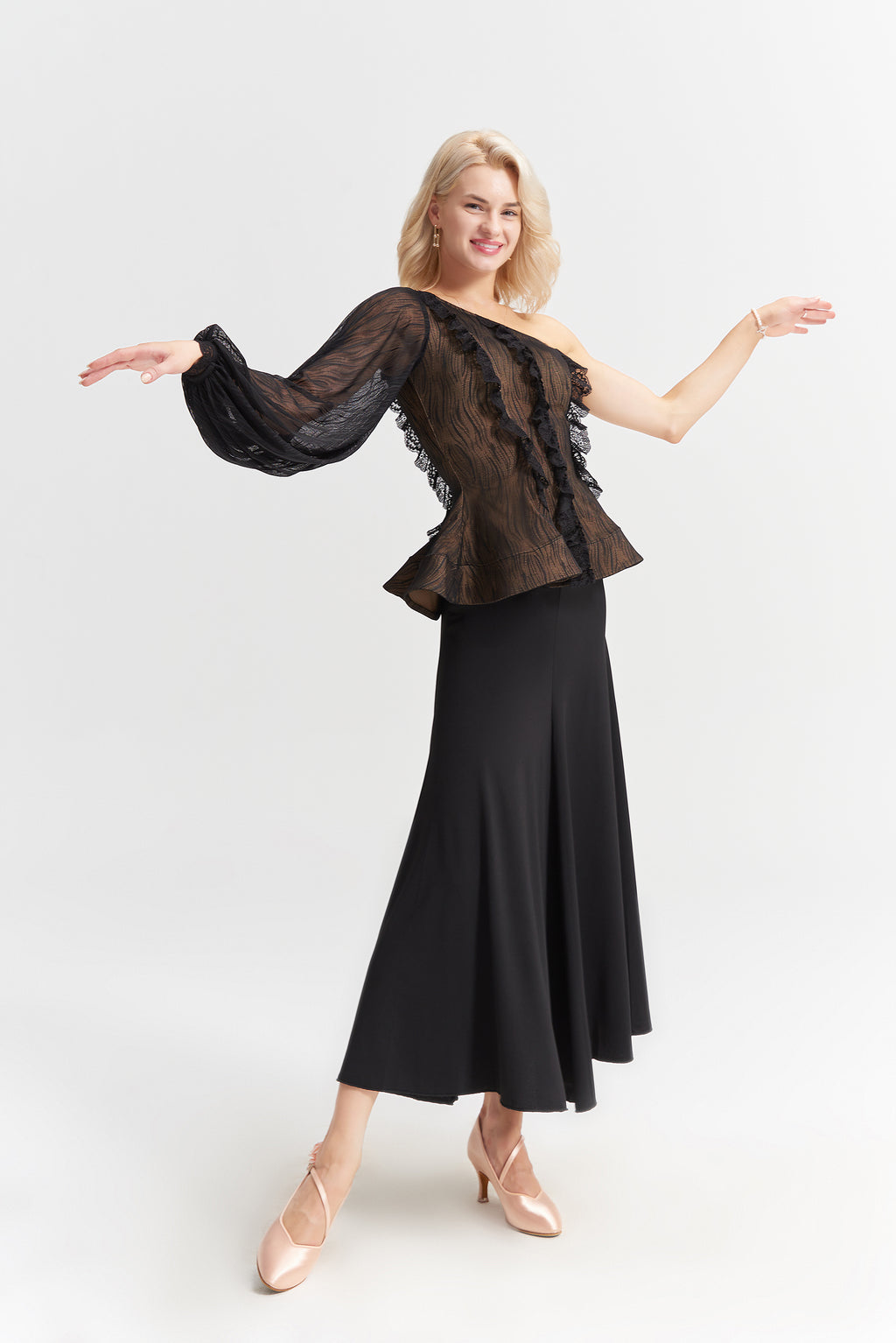 DANCE QUEEN 1022 Black Limited Lace Off Shoulder Ballroom Practice Dance Sport Top