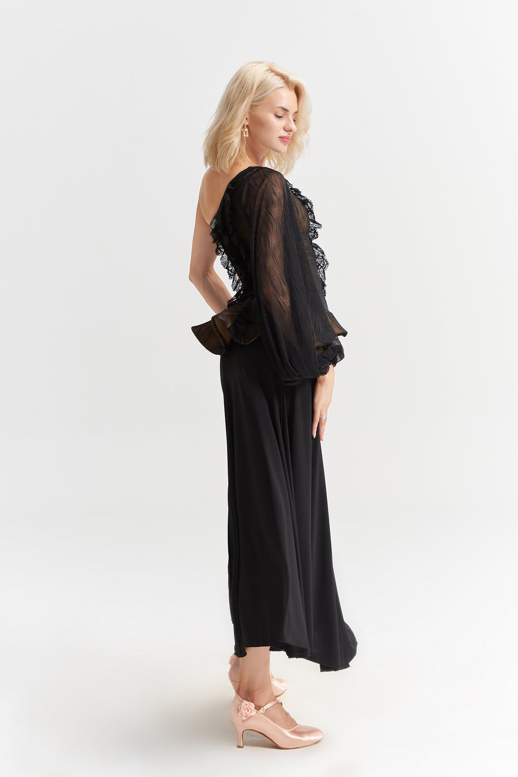 DANCE QUEEN 1022 Black Limited Lace Off Shoulder Ballroom Practice Dance Sport Top