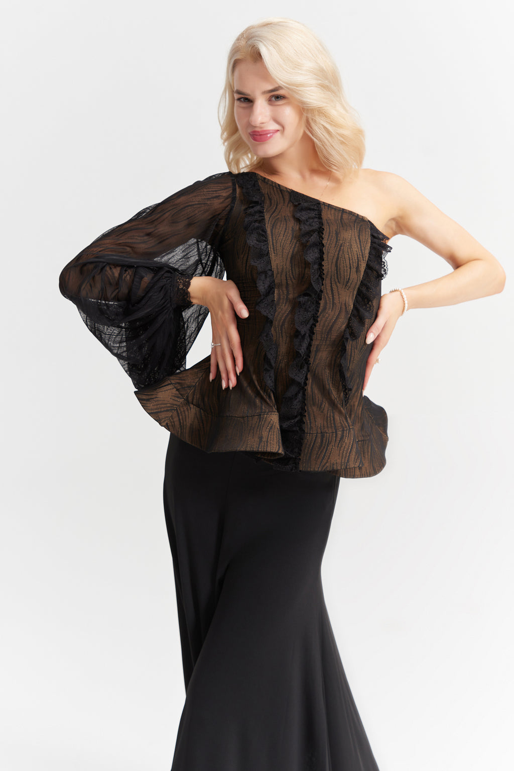DANCE QUEEN 1022 Black Limited Lace Off Shoulder Ballroom Practice Dance Sport Top