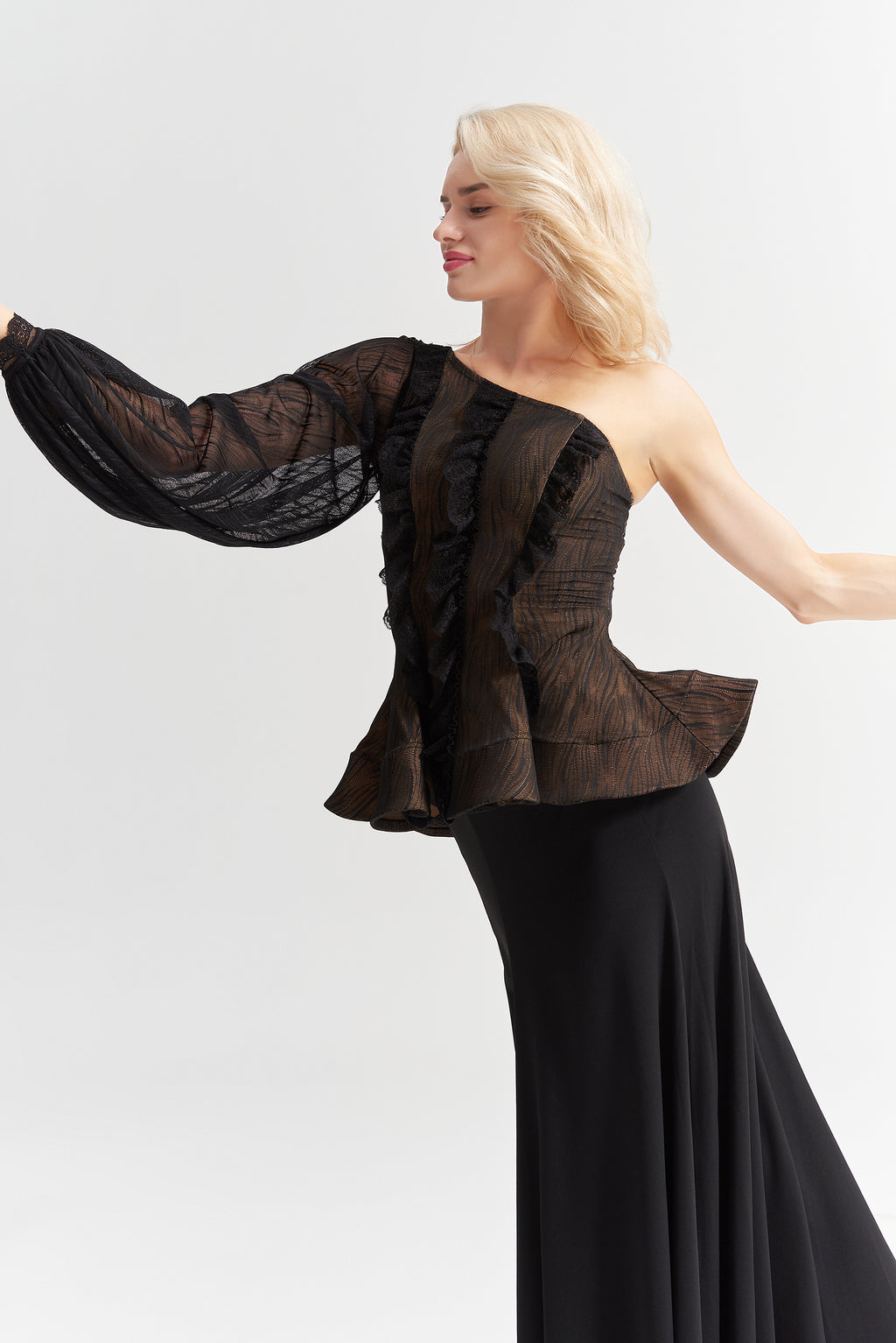 DANCE QUEEN 1022 Black Limited Lace Off Shoulder Ballroom Practice Dance Sport Top
