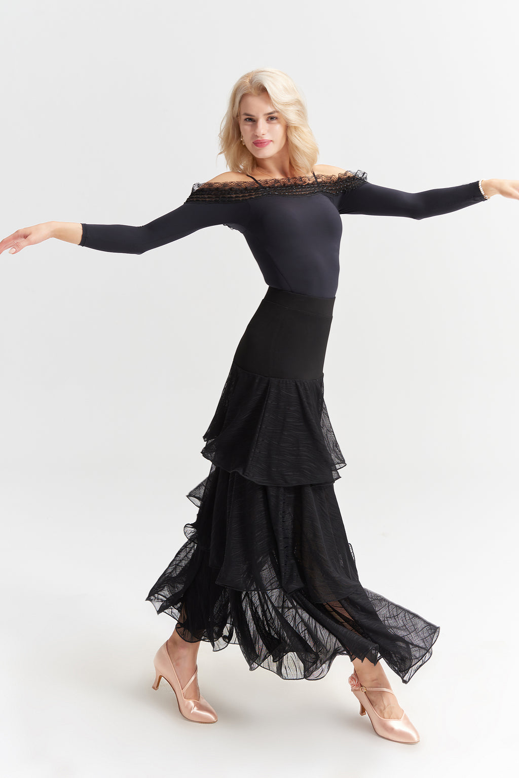 DANCE QUEEN 322-3 Black Ruffled Layer Limited Lace Design Ballroom Dance Sport Skirt