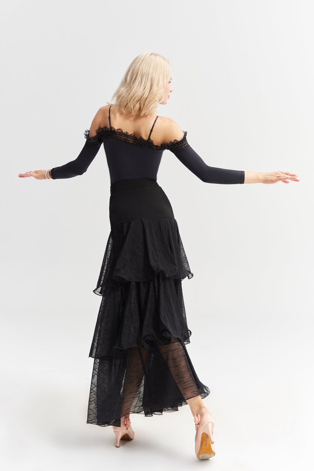DANCE QUEEN 322-3 Black Ruffled Layer Limited Lace Design Ballroom Dance Sport Skirt