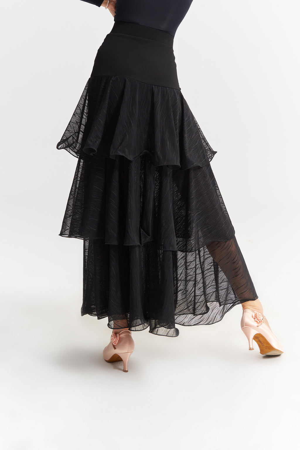 DANCE QUEEN 322-3 Black Ruffled Layer Limited Lace Design Ballroom Dance Sport Skirt