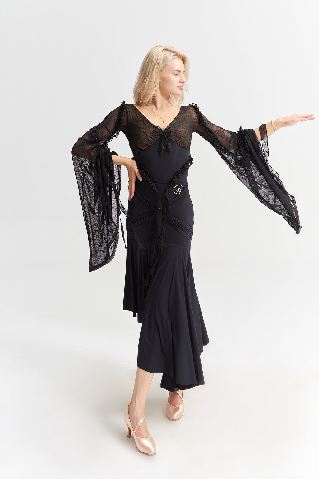 DANCE QUEEN 1033 Black V Neck Flared Sleeve Ballroom Practice Dance Sport Leotard