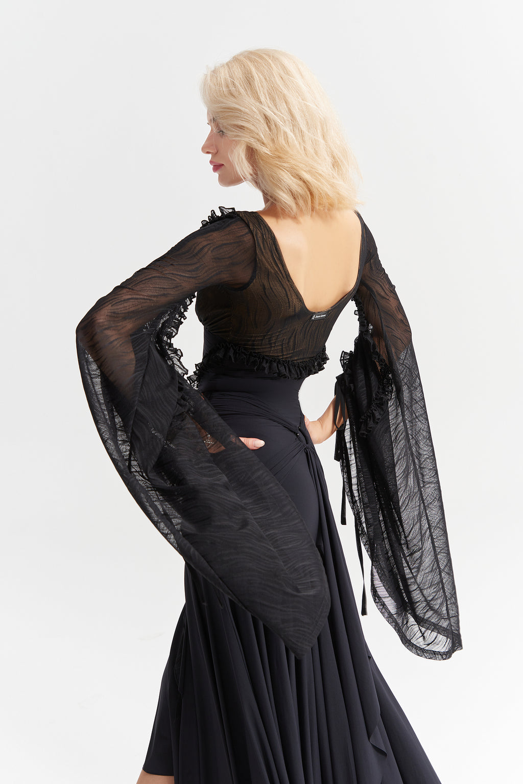 DANCE QUEEN 1033 Black V Neck Flared Sleeve Ballroom Practice Dance Sport Leotard