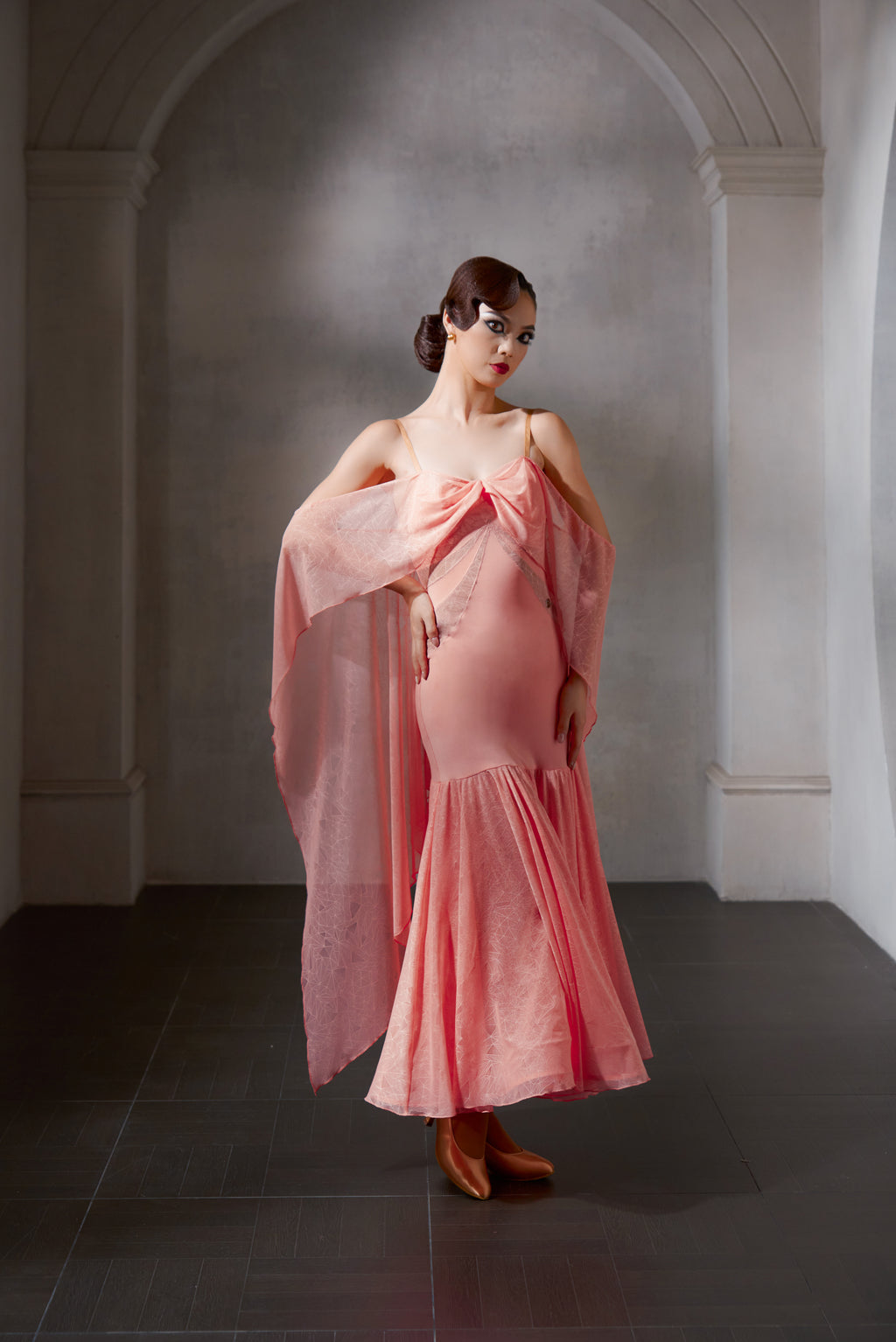 DANCE QUEEN 1037-2 Pink Lace Off Shoulder Haute Couture Classic Customized Dress
