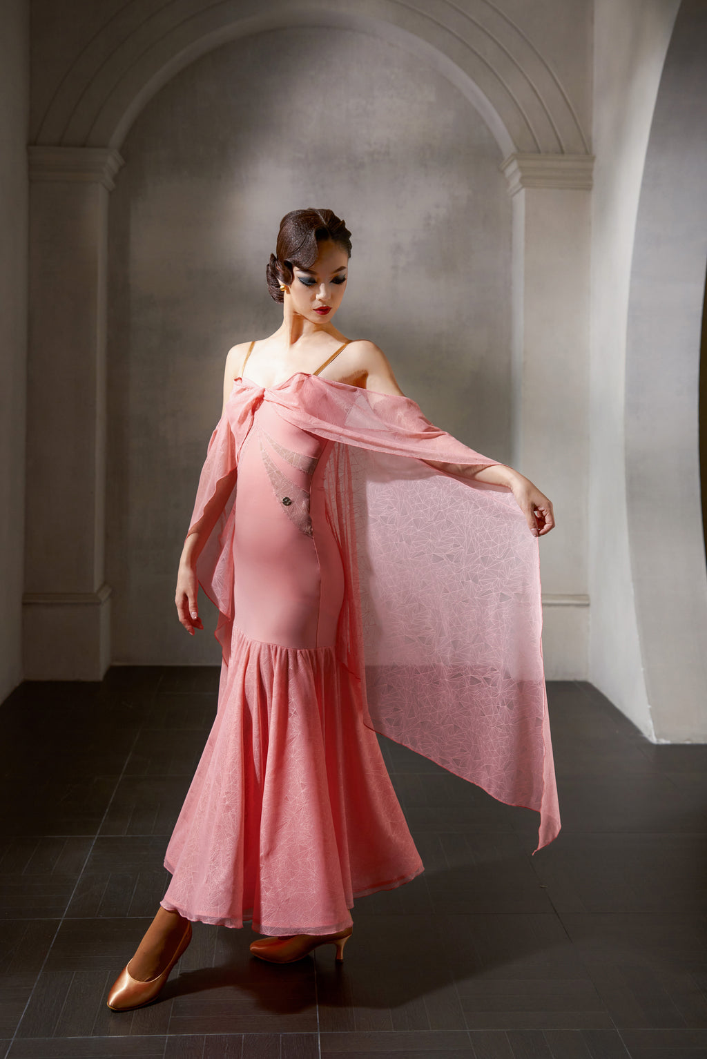 DANCE QUEEN 1037-2 Pink Lace Off Shoulder Haute Couture Classic Customized Dress