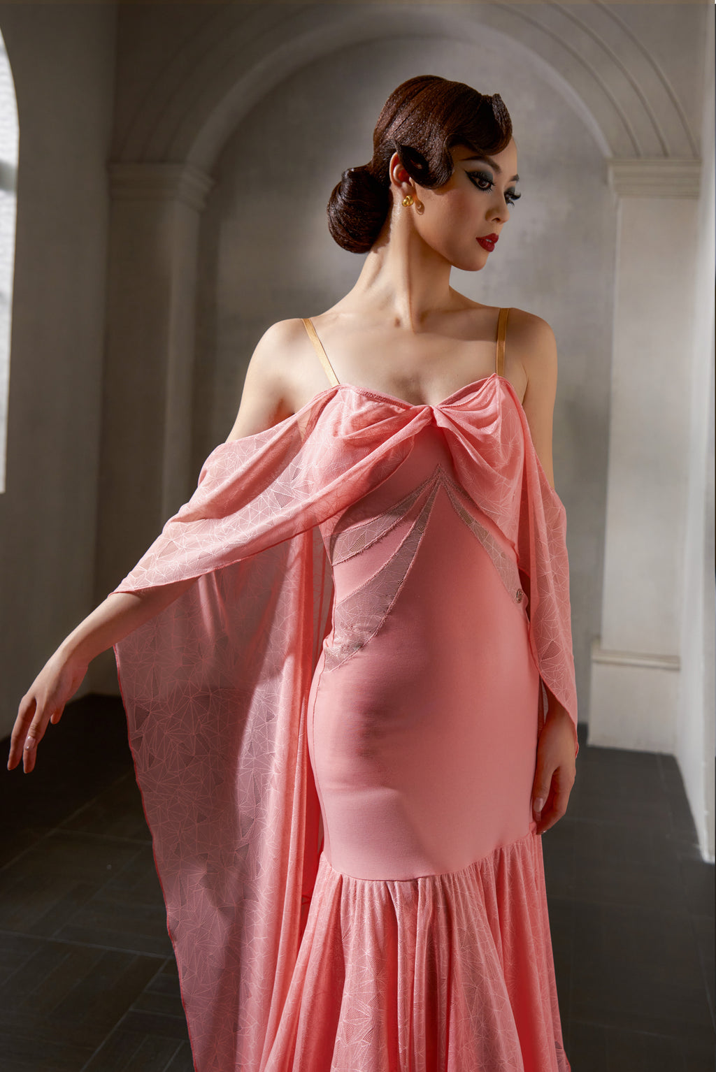 DANCE QUEEN 1037-2 Pink Lace Off Shoulder Haute Couture Classic Customized Dress
