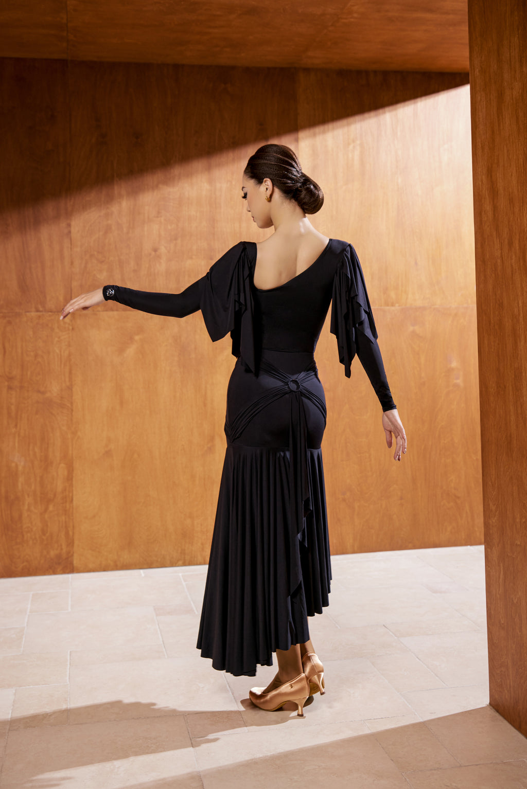 DANCE QUEEN 1054 Black Irregular Neck Line Long Sleeve Dancing Ballroom Leotard