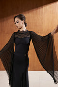 DANCE QUEEN 896-2 Black Limited Lace Big Float Long Pleated Sleeve Dancing Ballroom Leotard