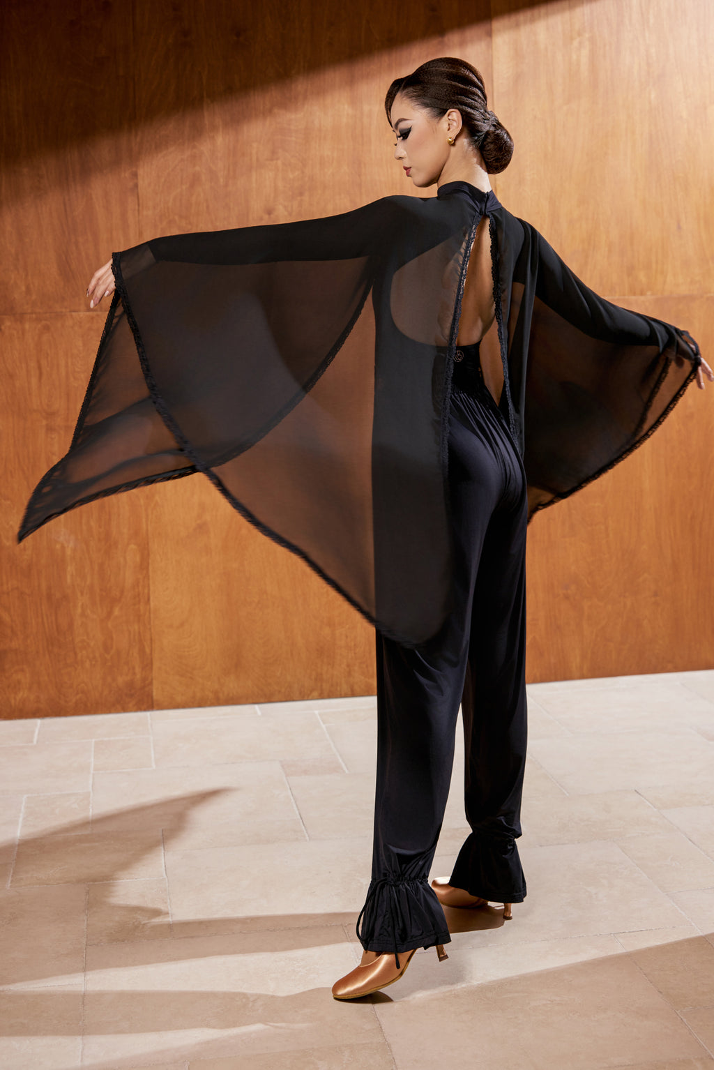 DANCE QUEEN 898-2 Black Big Float Long Mesh Sleeve Dancing Ballroom Leotard