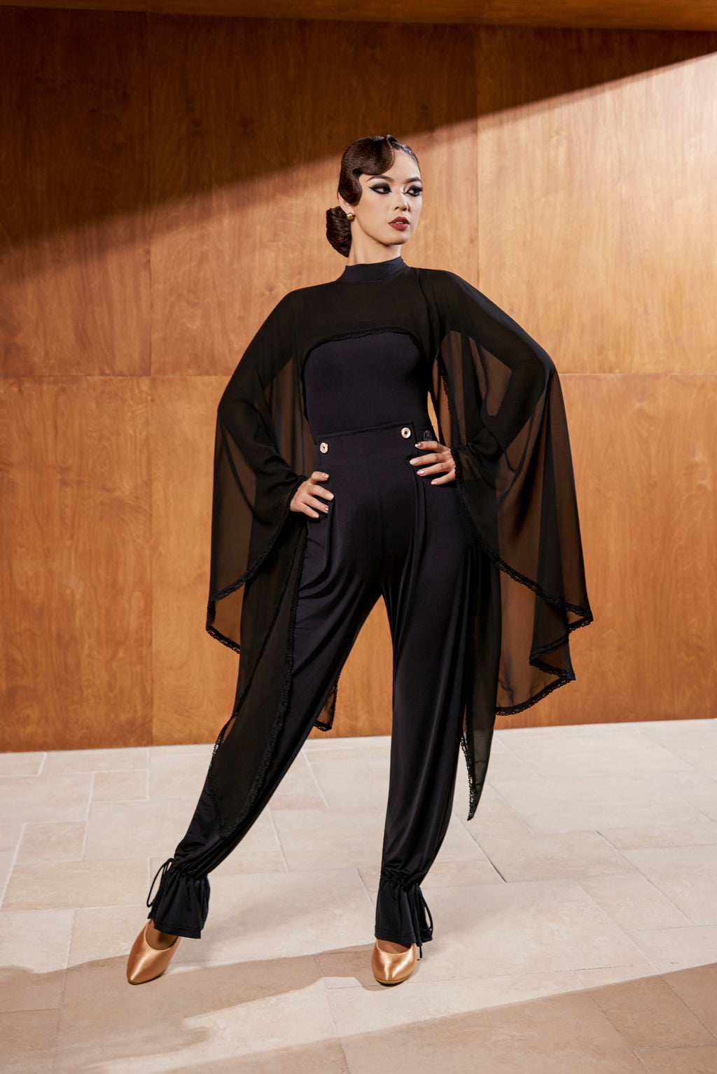 DANCE QUEEN 898-2 Black Big Float Long Mesh Sleeve Dancing Ballroom Leotard