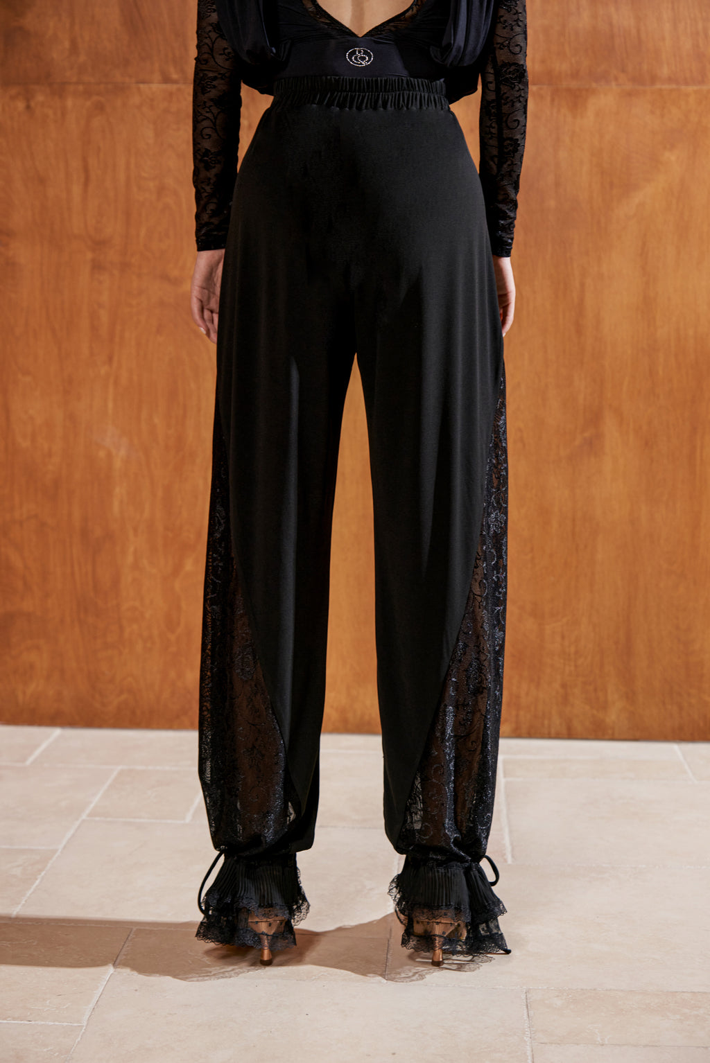DANCE QUEEN 785-5 Black Side Lace Patchwork Design Ankle Strap Training Trouser