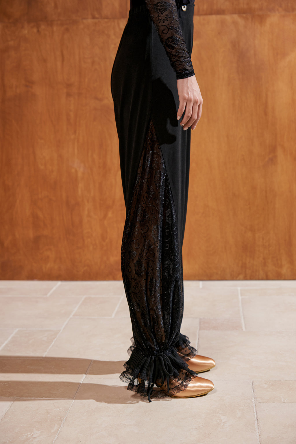 DANCE QUEEN 785-5 Black Side Lace Patchwork Design Ankle Strap Training Trouser