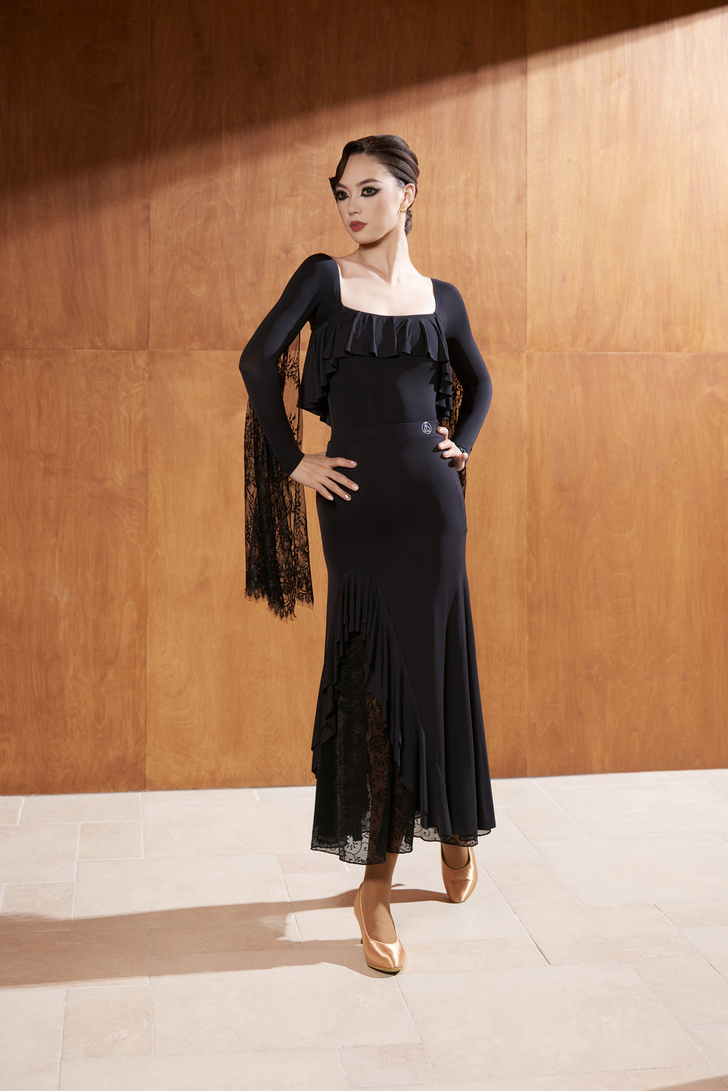DANCE QUEEN 782-2 Black Square Neck Lace Float Long Sleeve Dancing Ballroom Leotard