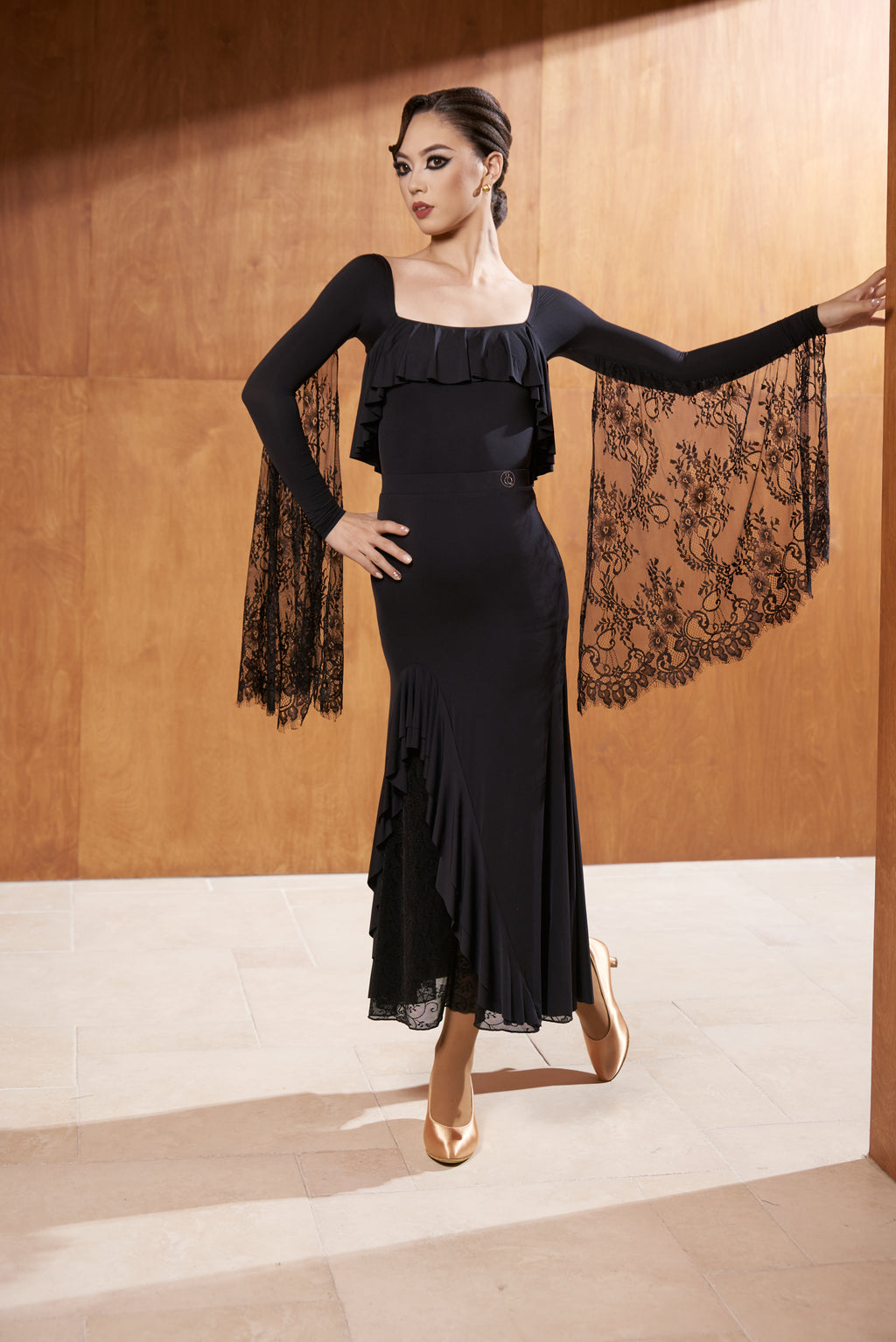 DANCE QUEEN 782-2 Black Square Neck Lace Float Long Sleeve Dancing Ballroom Leotard