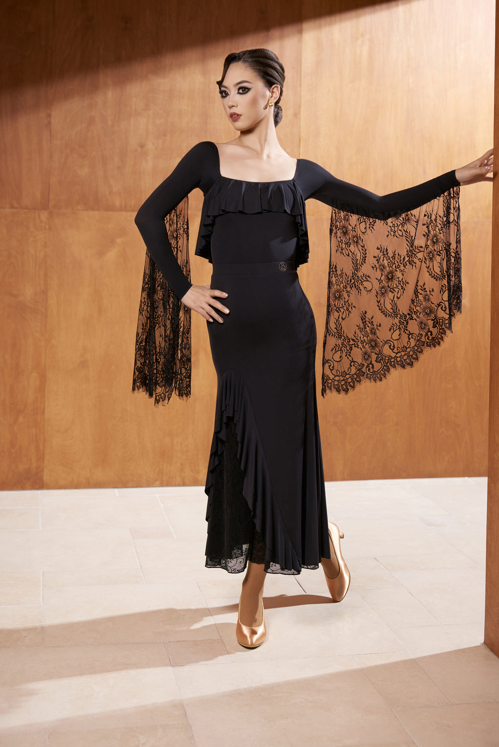 DANCE QUEEN 782-2 Black Square Neck Lace Float Long Sleeve Dancing Ballroom Leotard