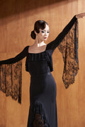 DANCE QUEEN 782-2 Black Square Neck Lace Float Long Sleeve Dancing Ballroom Leotard