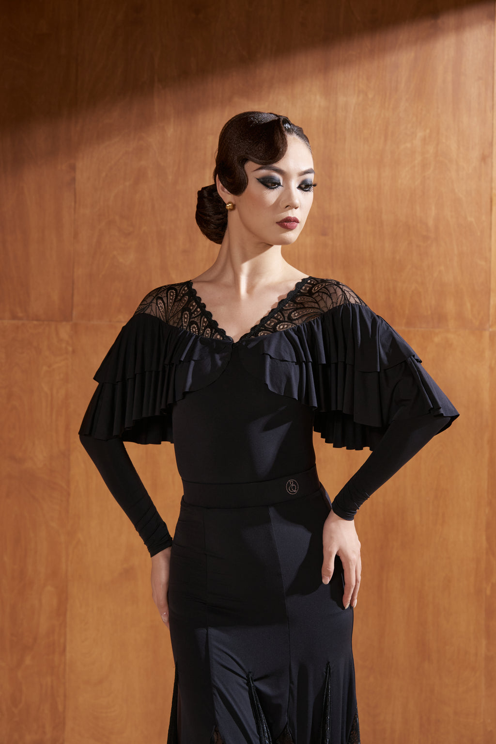 DANCE QUEEN 863-3 Black V Neck Lace Long Sleeve Dancing Ballroom Leotard