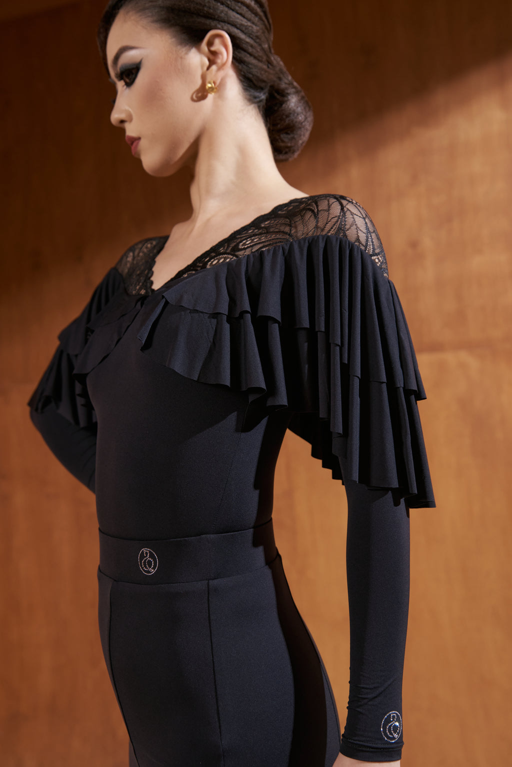 DANCE QUEEN 863-3 Black V Neck Lace Long Sleeve Dancing Ballroom Leotard