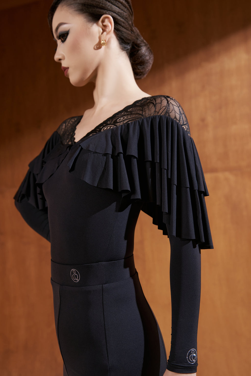 DANCE QUEEN 863-3 Black V Neck Lace Long Sleeve Dancing Ballroom Leotard