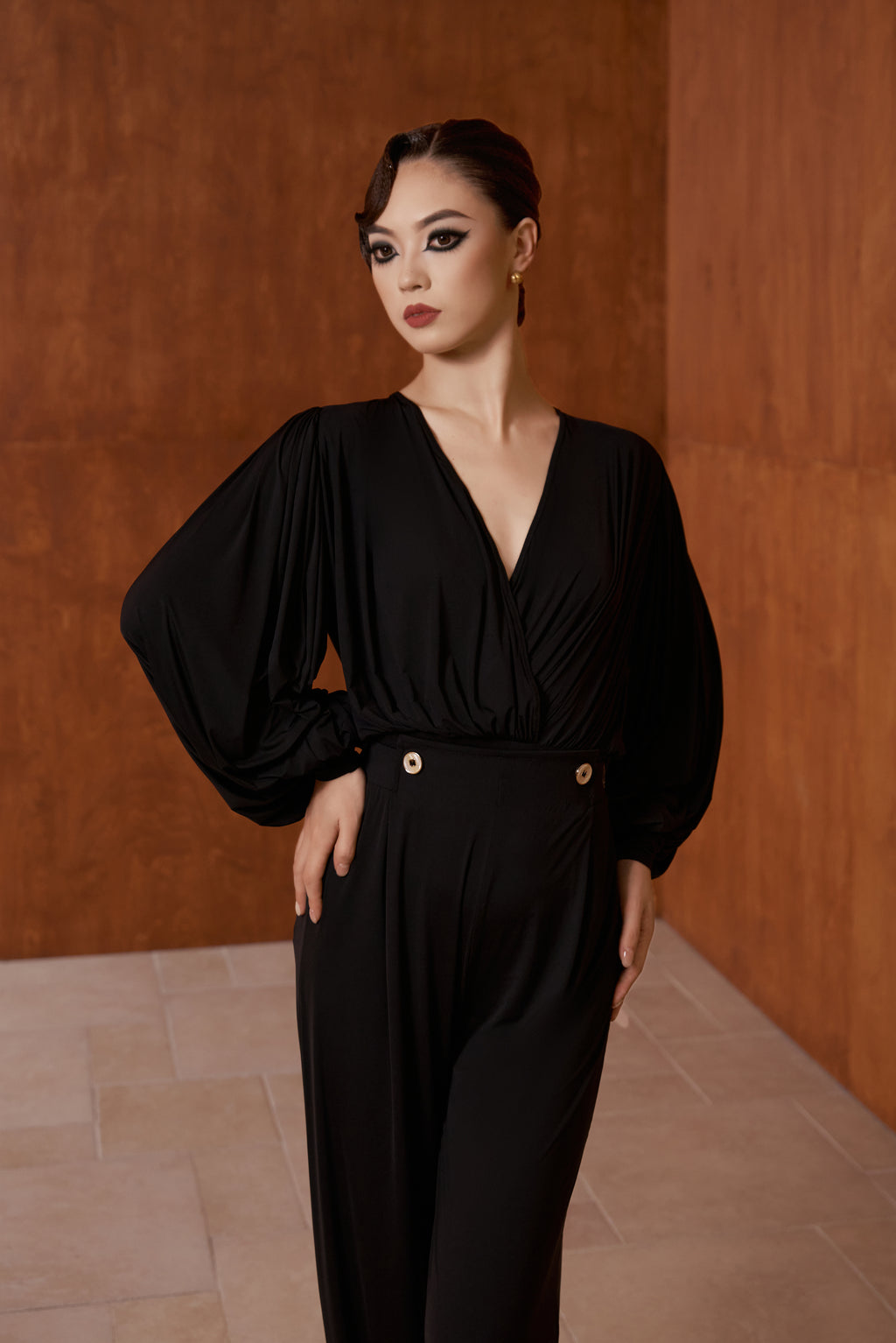DANCE QUEEN 531-6 Black V Neck Pleated Dancing Ballroom Leotard