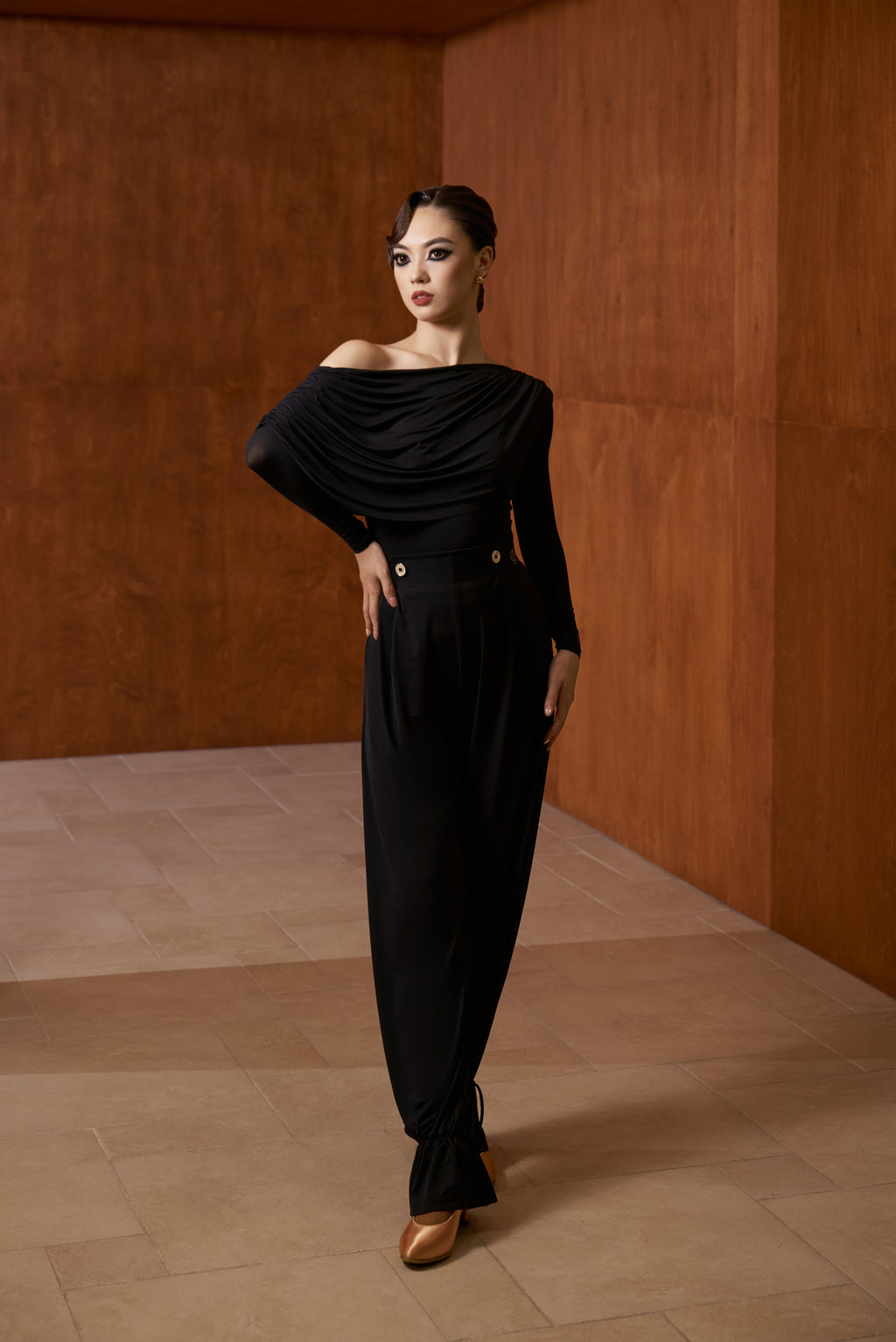 DANCE QUEEN 821 Black Pleated Off Shoulder Leotard