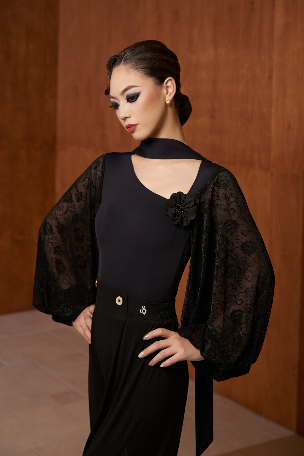 DANCE QUEEN 808-5 Black Hollow Flower Lantern Lace Sleeve Dancing Ballroom Leotard