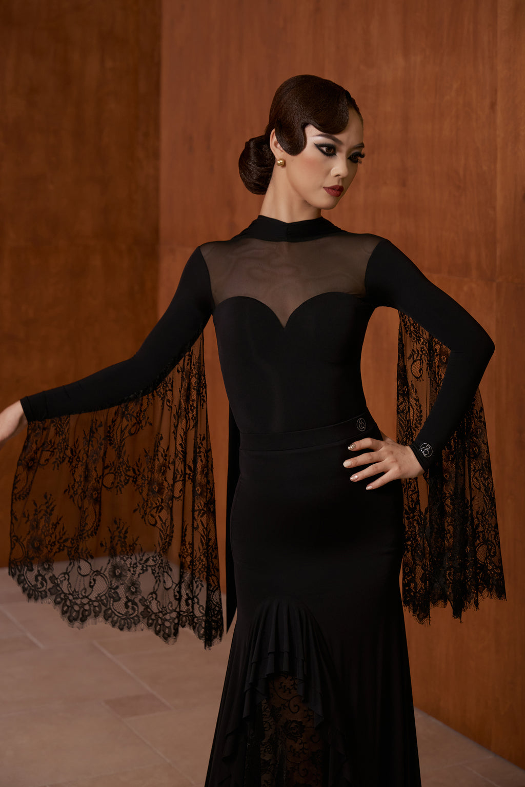 DANCE QUEEN 1056 Black High Neck Big Lace Float Dancing Ballroom Leotard