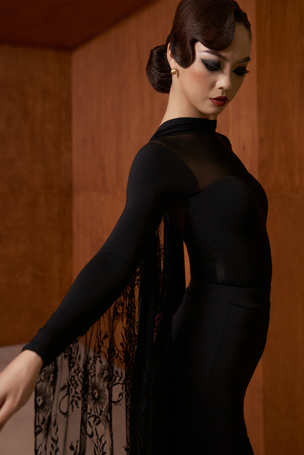 DANCE QUEEN 1056 Black High Neck Big Lace Float Dancing Ballroom Leotard