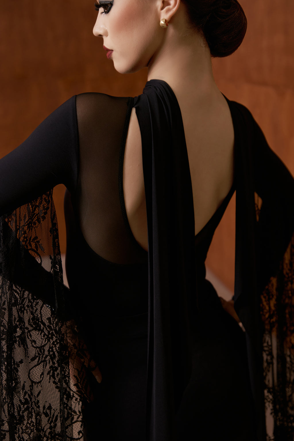 DANCE QUEEN 1056 Black High Neck Big Lace Float Dancing Ballroom Leotard