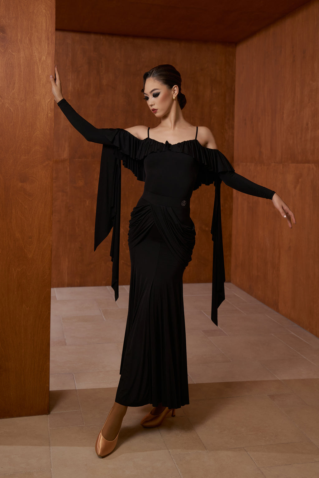DANCE QUEEN 1055 Black Off Shoulder Long Sleeve Dancing Ballroom Leotard