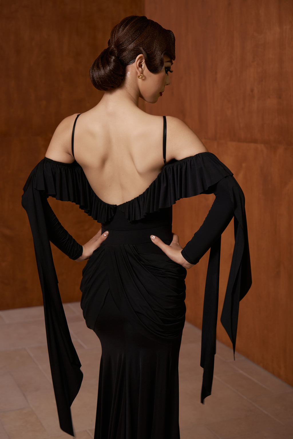 DANCE QUEEN 1055 Black Off Shoulder Long Sleeve Dancing Ballroom Leotard