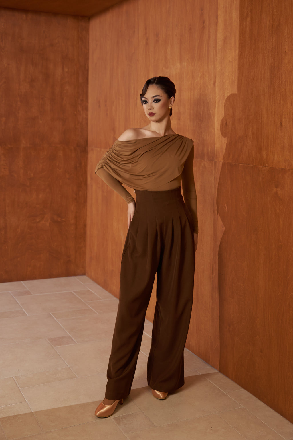 DANCE QUEEN 821-4 Sand Off Shoulder Long Sleeve Dancing Ballroom Leotard
